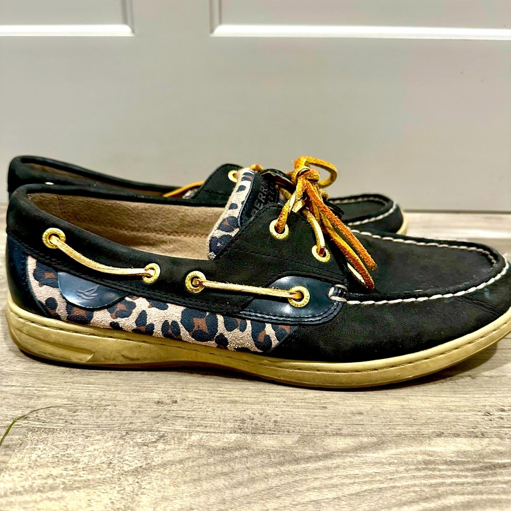 Sperry topsider women’s leather black cheetah animal print slip on shoe size 9